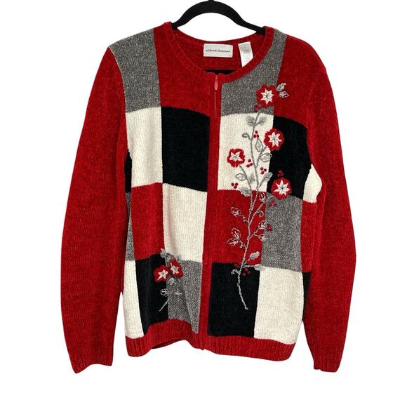 Alfred Dunner Patchwork Floral Knit Red Cozy Cardigan Sz L grandmillennial Style - Picture 1 of 8